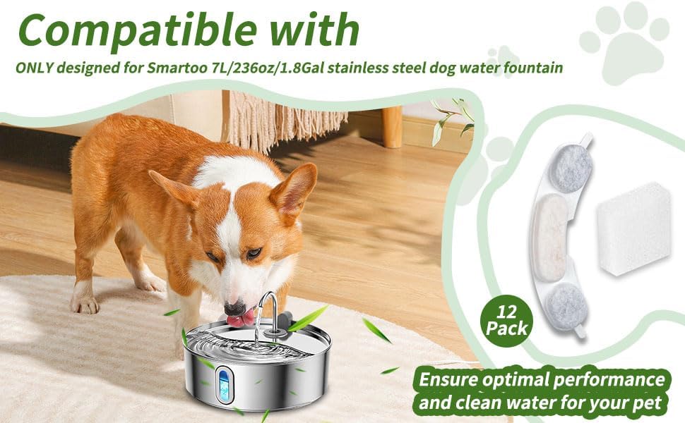 16 Sets Pet Dog Replacement Filters Compatible with Smartoo 7l/236oz/1.8G Dog Water Fountain, Water Fountain Filters for Stainless Steel Dog Water Fountain