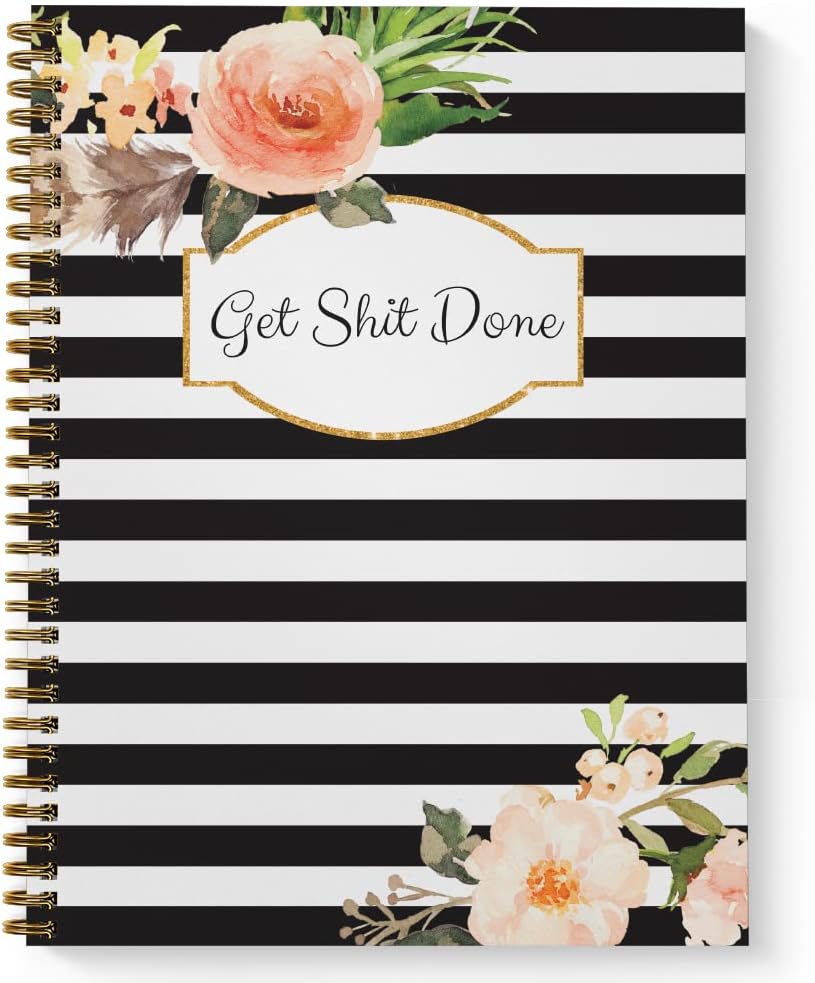 Softcover Classic Floral Get Stuff Done 8.5" x 11" Motivational Spiral Notebook/Journal, 120 Checklist Pages, Durable Gloss Laminated Cover, Gold Wire-o Spiral. Made in the USA
