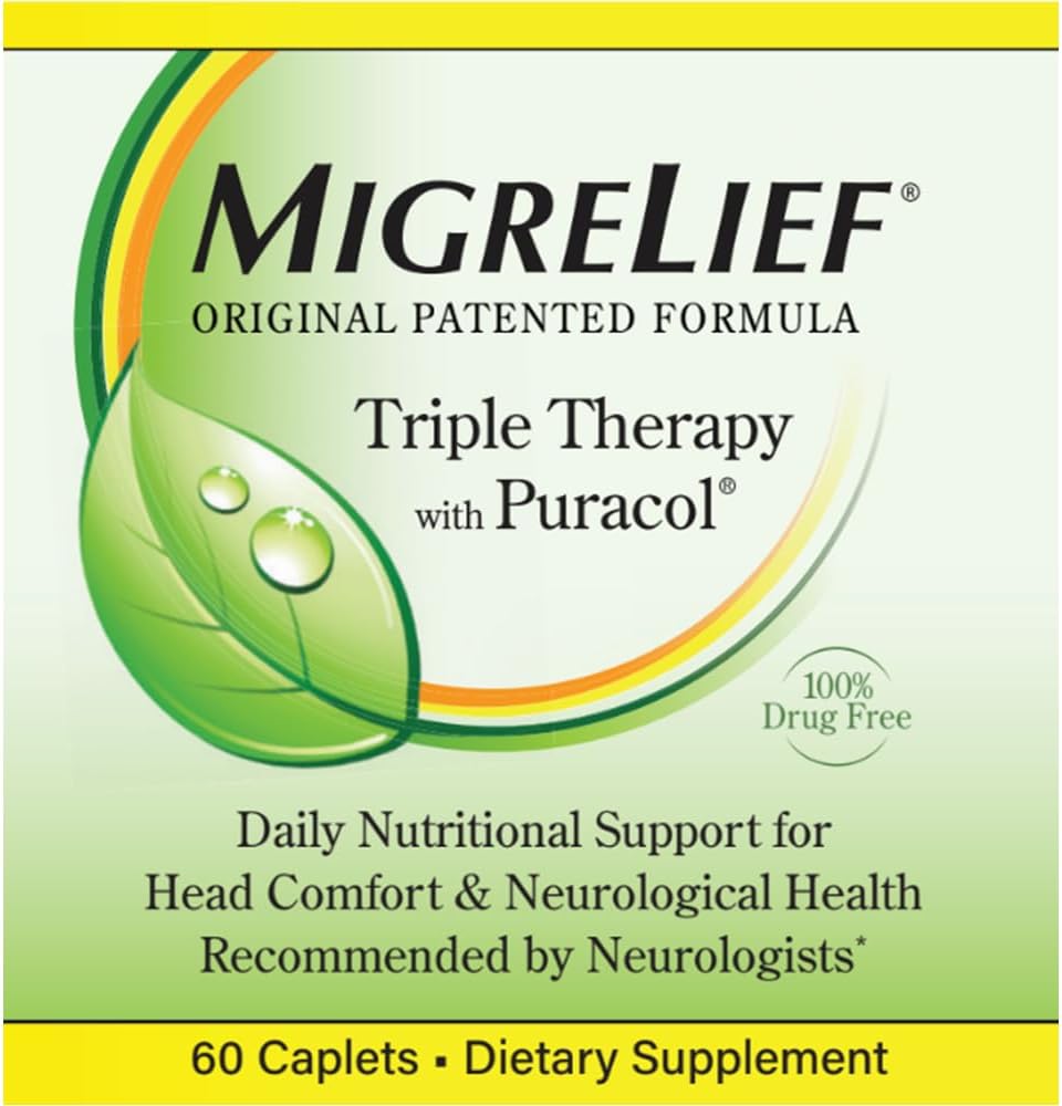 MigreLief Original Triple Therapy with Puracol - Nutritional Support for Migraine Sufferers - 60 Caplets/1 Month Supply