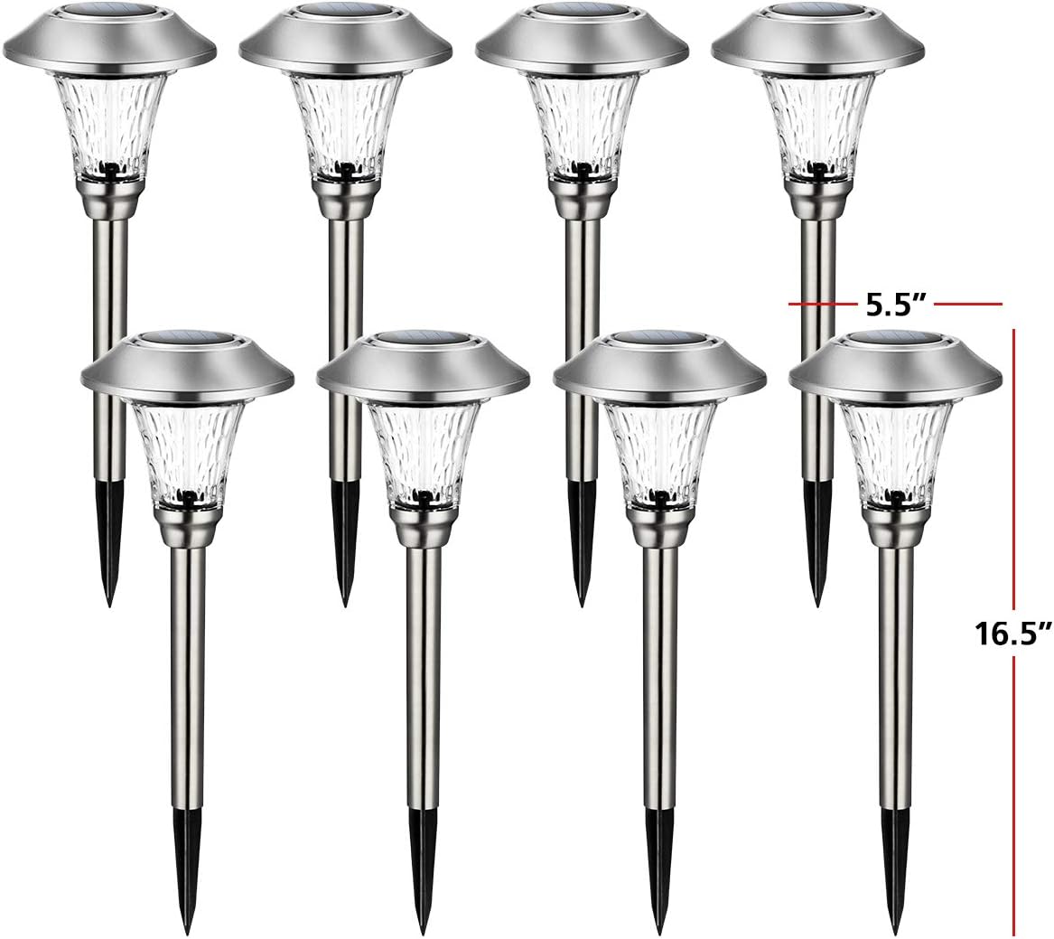 GIGALUMI Solar Pathway Lights, 8 Pack Solar Light Outdoor Waterproof, Glass Stainless Steel Automatic Solar Landscape Lights for Patio, Yard, Lawn, Driveway, Walkway (Warm White)
