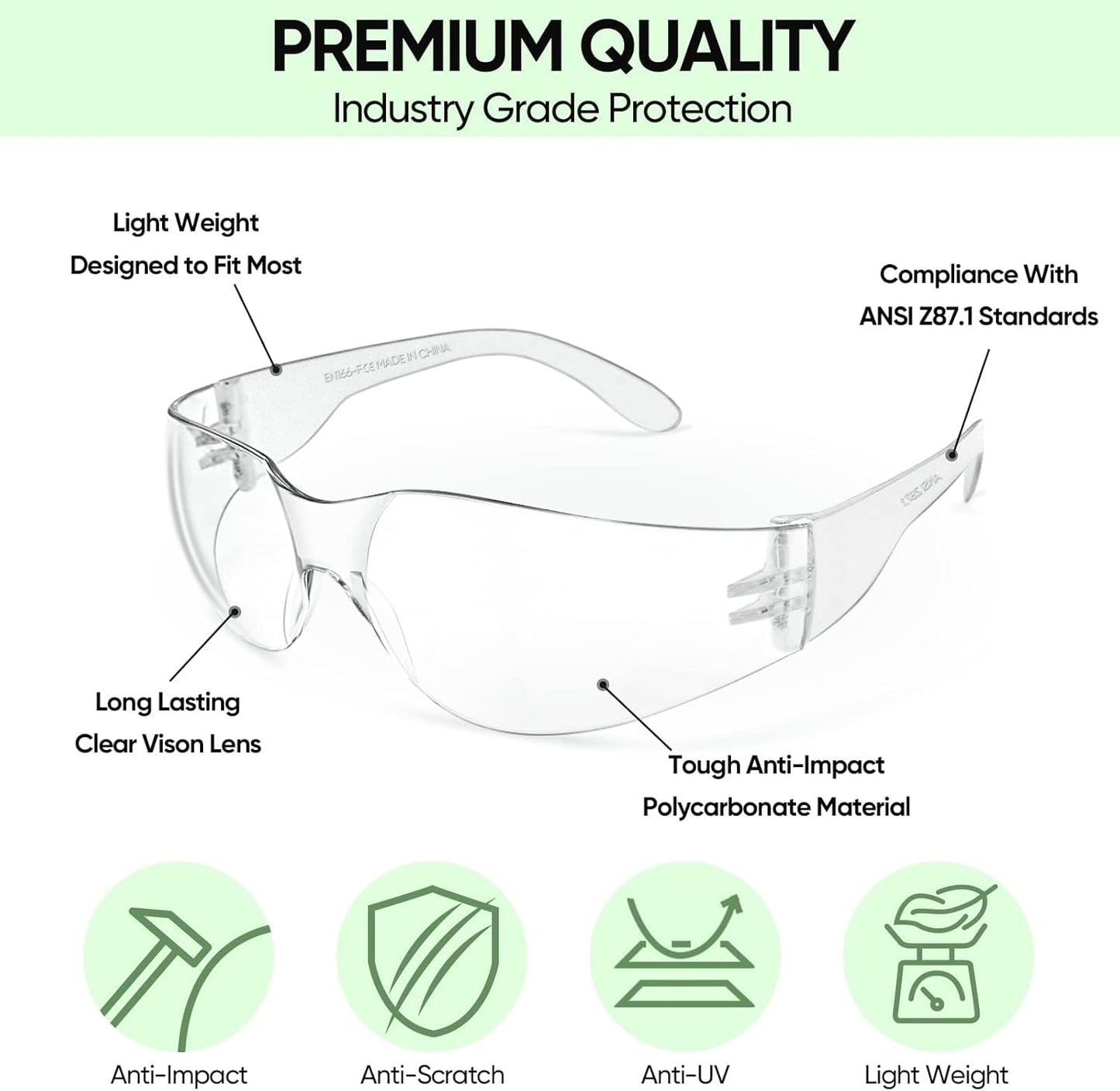 TICONN Clear Safety Glasses for Men and Women, Safety Goggles with Scratch Impact Resistant Meets ANSI Z87.1 Standard
