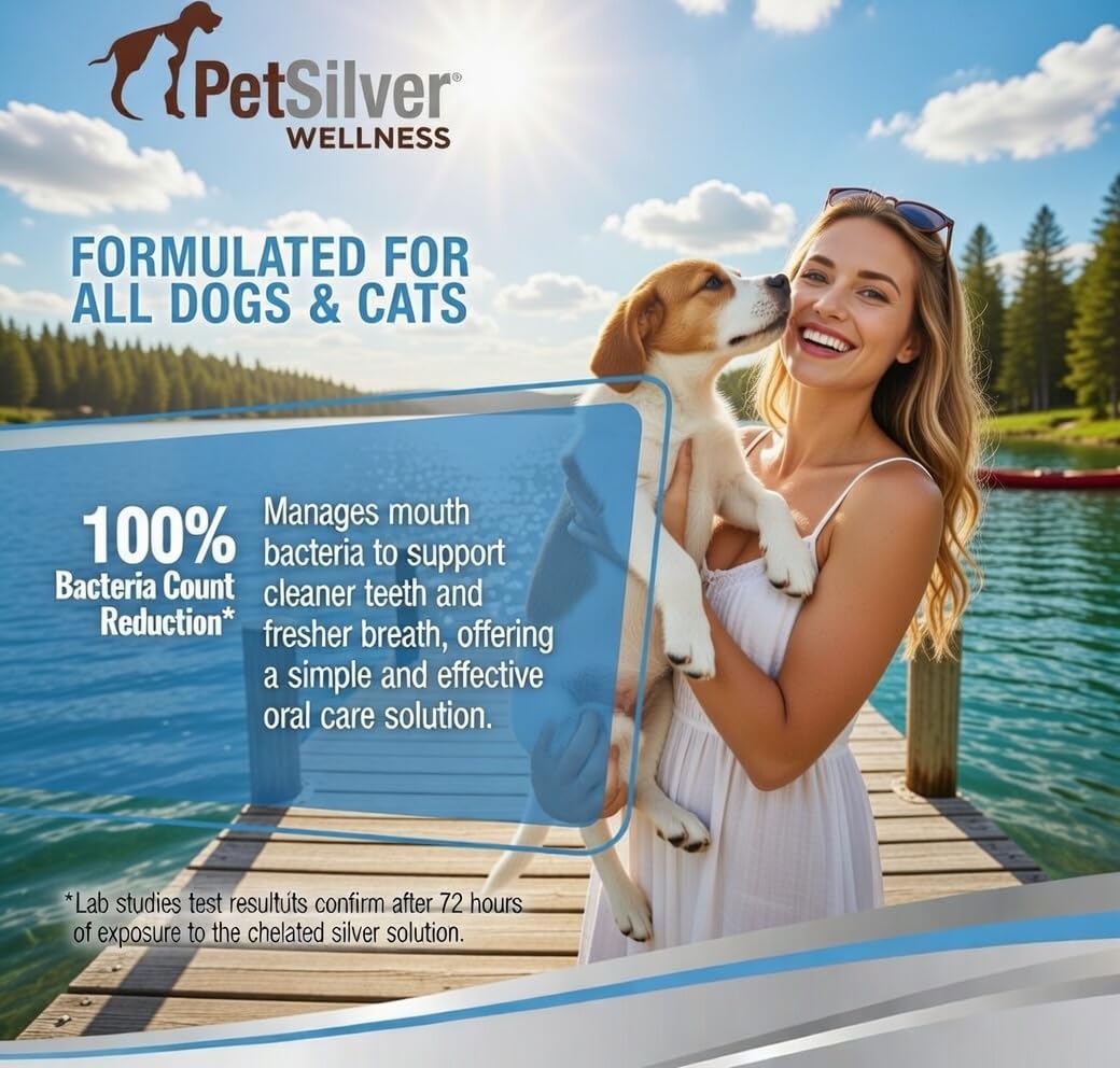 PetSilver Teeth & Gum Water Additive for Dental Care - Pet Breath Freshener - Targets Tartar, Plaque & Eliminates Bad Breath - Dog Oral Care & Cat Teeth Cleaning - No Brushing & Tasteless - 12 fl oz
