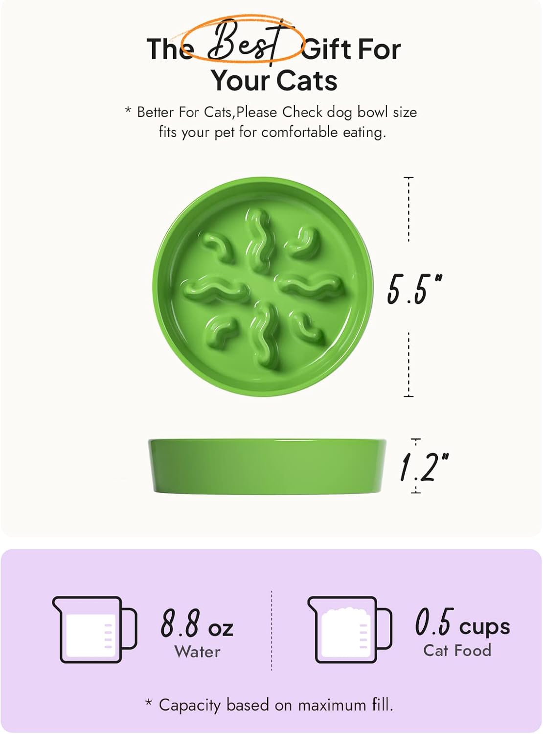 Ceramic Slow Feeder Dog Bowls Small Breed, 0.5 Cups Dog Food Dish for Fast Eaters, Puzzle Bowl for Small Dogs and Cats, 5.5 Inch-Green
