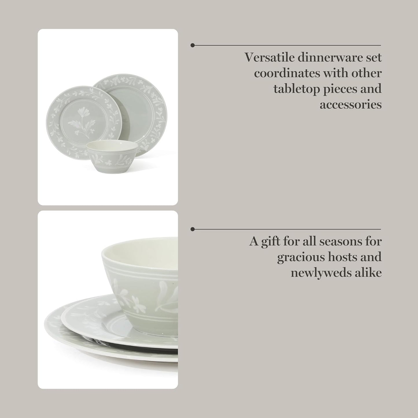 Martha Stewart Maiden Crown 12-Piece Sage Green Dinnerware Set – New Bone China Ceramic Plates & Bowls – Floral Design – Service for 4 – Microwave & Dishwasher Safe