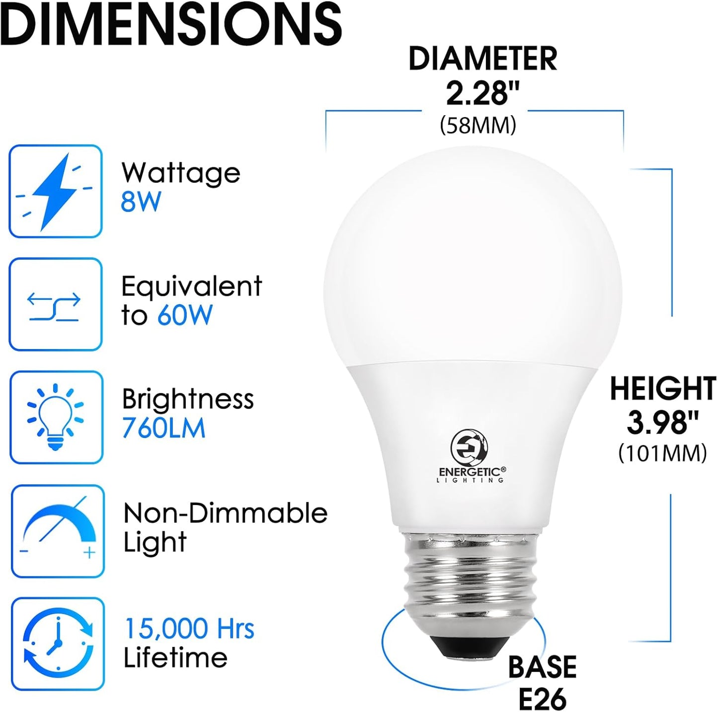 E ENERGETIC LIGHTING 24-Pack A19 LED Light Bulbs 60 Watt Equivalent, Cool White 4000K, E26 Medium Base, Non-Dimmable LED Light Bulb, ETL Listed