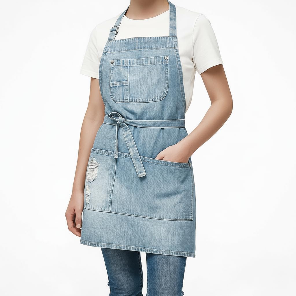 Denim Apron With 5 Pockets for Kitchens,Hairstylist Aprons for Women Men,Adjustable Bib Jean Apron for Arts Cafe Work