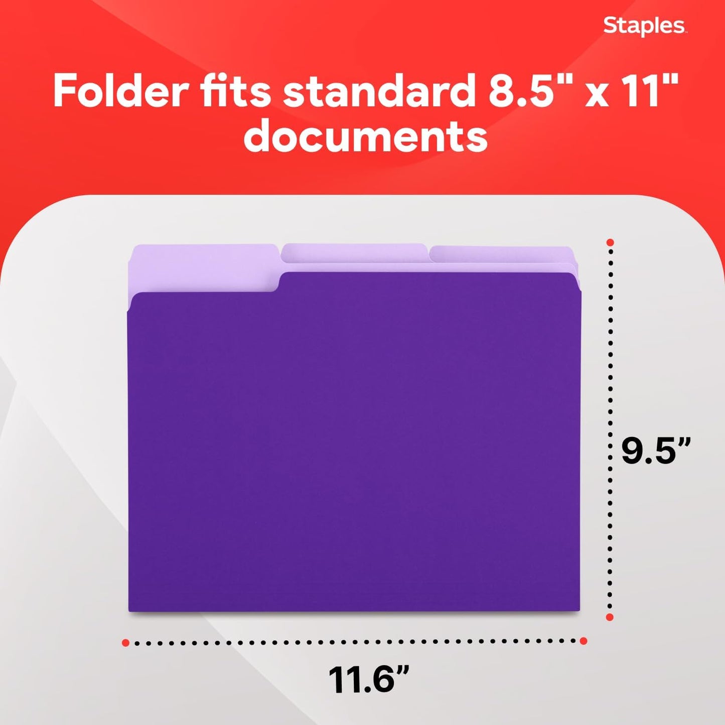Staples File Folders, Letter Size, 1/3‑Cut Tabs, Purple, Durable 10.5‑Point Paper Stock, 100/Pack
