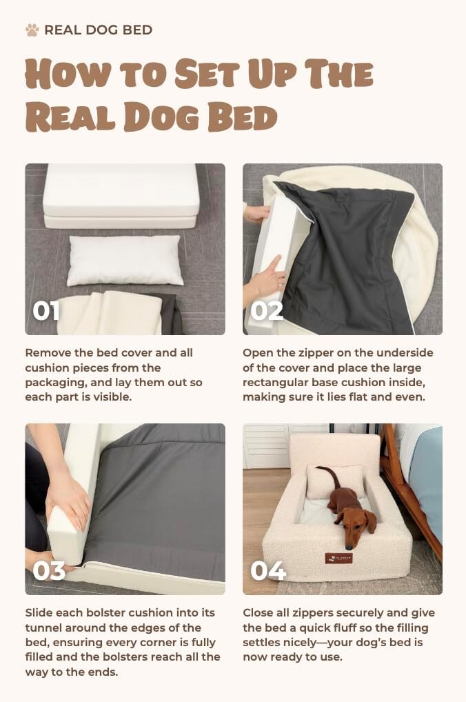 Pelsbarn Real Orthopedic Dog Bed, High-Density Memory Foam with Waterproof Fitted Sheets - Machine Washable, Small, Beige