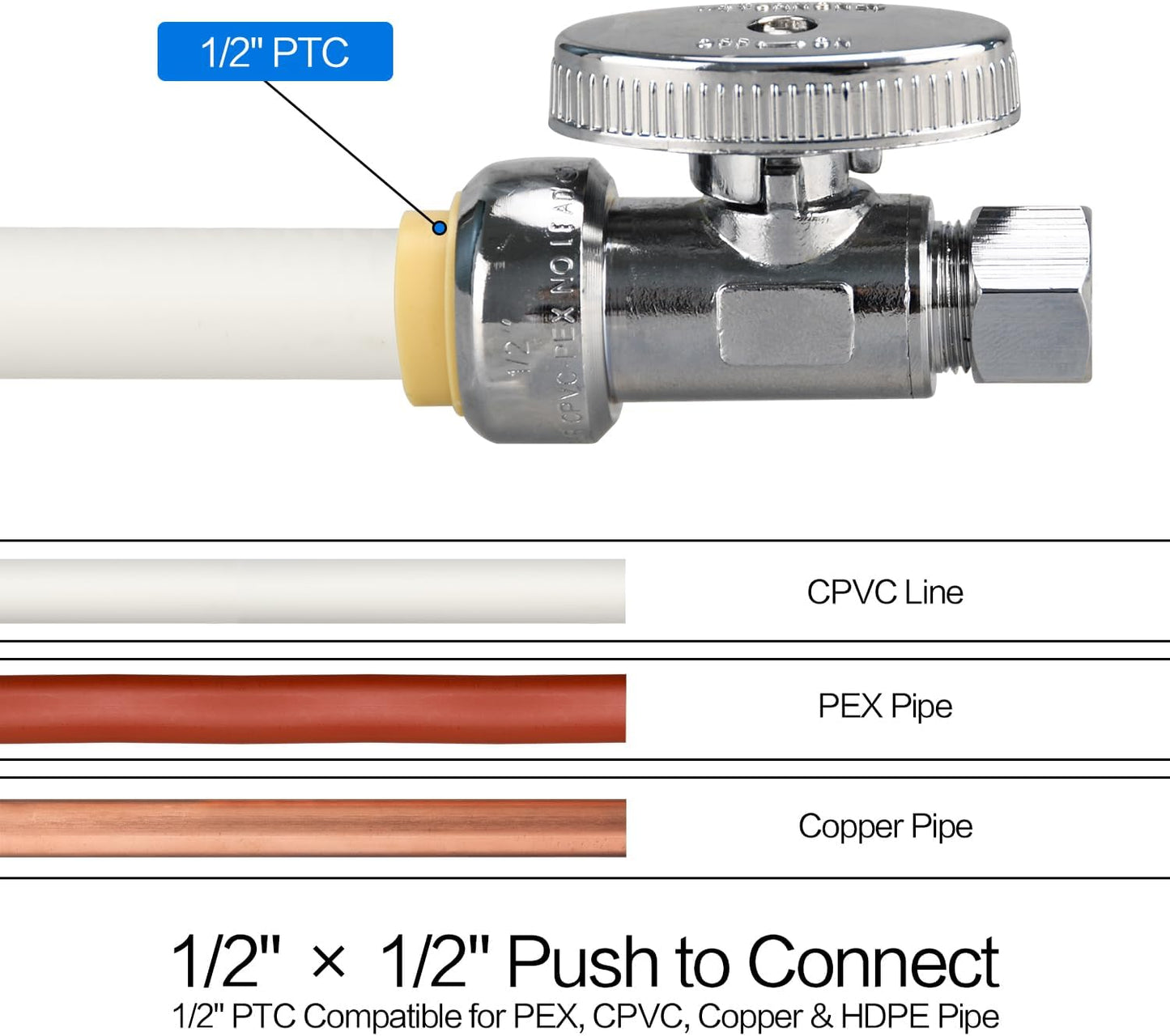 Stop Valves, 1/2" × 3/8" Straight Stop Valve, 1/2" PTC Input, 3/8" OD Compression Output, Push to Connect, 1/4 Turn, Chrome Plated Brass for Faucet, Toilet Valves, No Lead