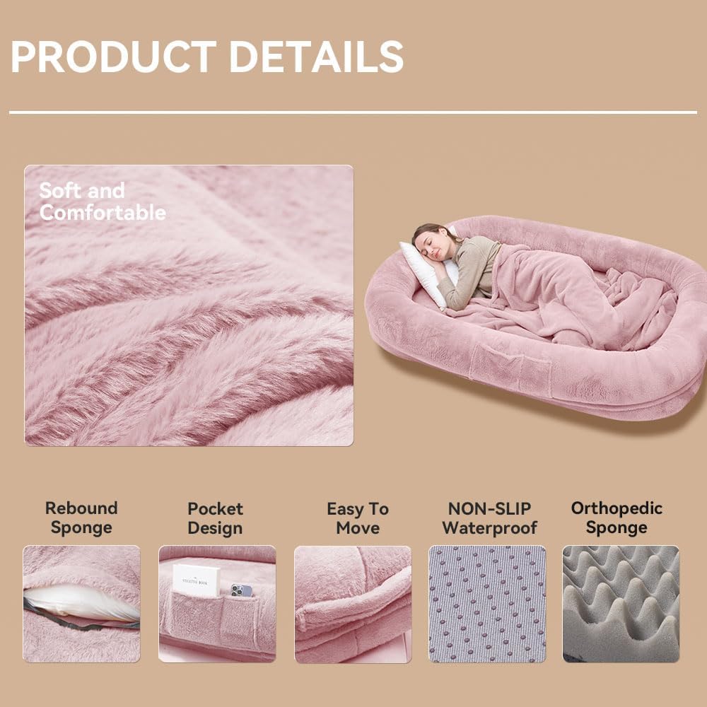 Human Dog Bed 63”x36.6”x11” Large Dog Bed with Raised Cushioned Rim, Removable Cover, Waterproof Lining and Bonus Blanket; Washable-Luxury Fluffy Nap Bed (63"x36.6"x11", Pink)