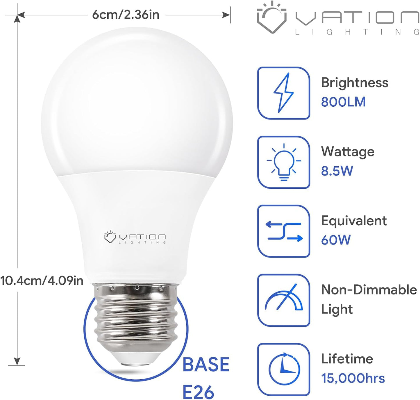 A19 LED Light Bulbs 3000K Warm White, 60 Watt Equivalent, Efficient 8.5Watt, 800 Lumens, E26 Medium Base, Non-Dimmable, ETL/UL Listed, 24 Pack