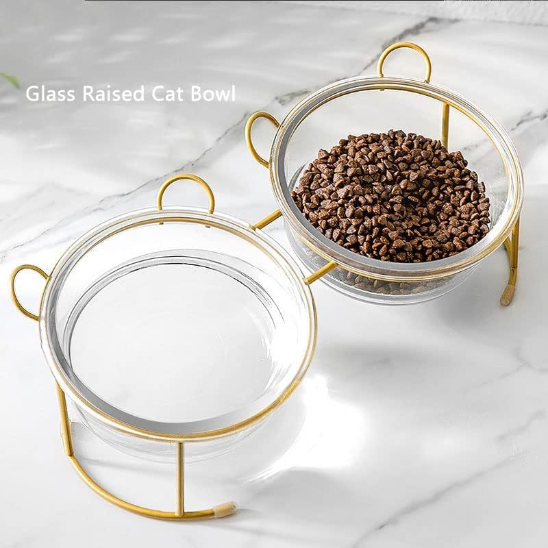 Cat Bowls Glass Raised Pet Bowl Cat Food and Water Bowls Set Tilted Elevated Cat Dog Bowl with Metal Stand Cat Dish Feeder for Puppy Cats and Small Dogs