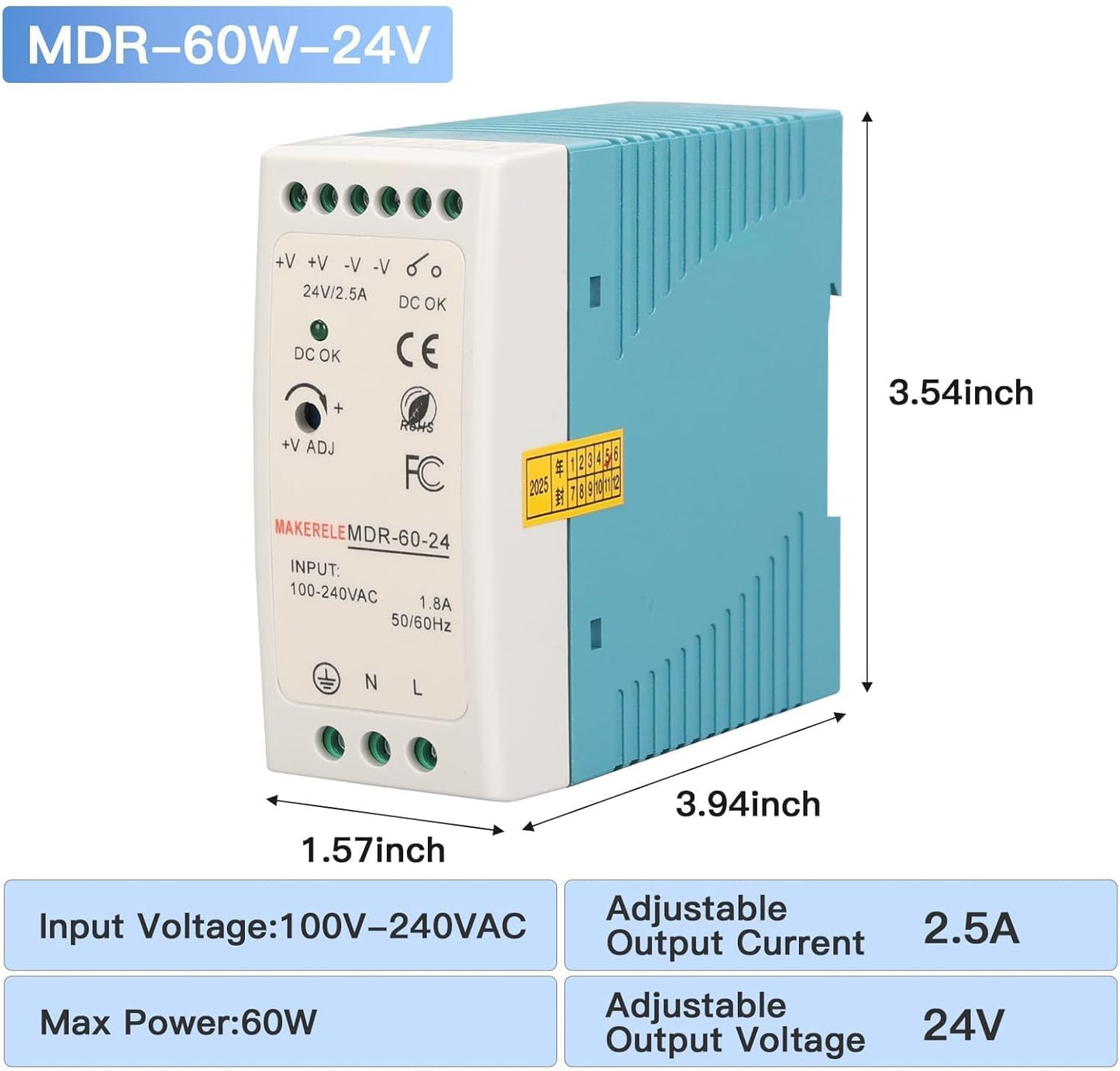 MAKERELE MDR 24V AC to DC DIN Rail Power Supply 60W, Industrial Rail Power Supplies AC 100V-240V to DC 24V Switch Converter