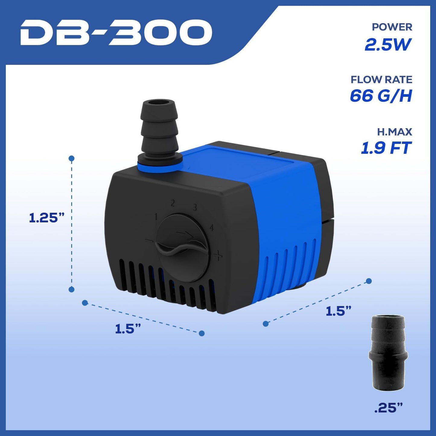 66 GPH Submersible Water Pump - Adjustable Quite Aquariums, Fountains, Hydroponics, and Pond Pump, 1.9 ft Lift, 2.5W
