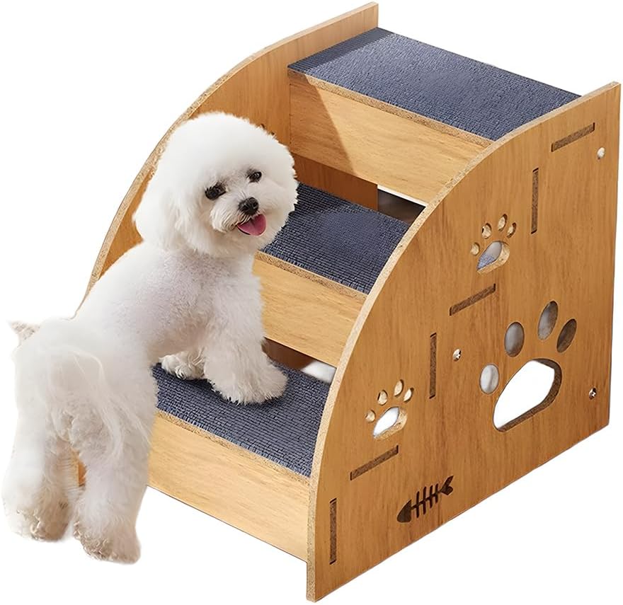Pet Steps for Small Dogs,Wooden Cat Stairs for Old Cats,Doggy Dog Steps for Bed Couch Sofa Windows,3-Step Ladder, 16" L x 12" W x 14" H，Suitable for Height 14-17in