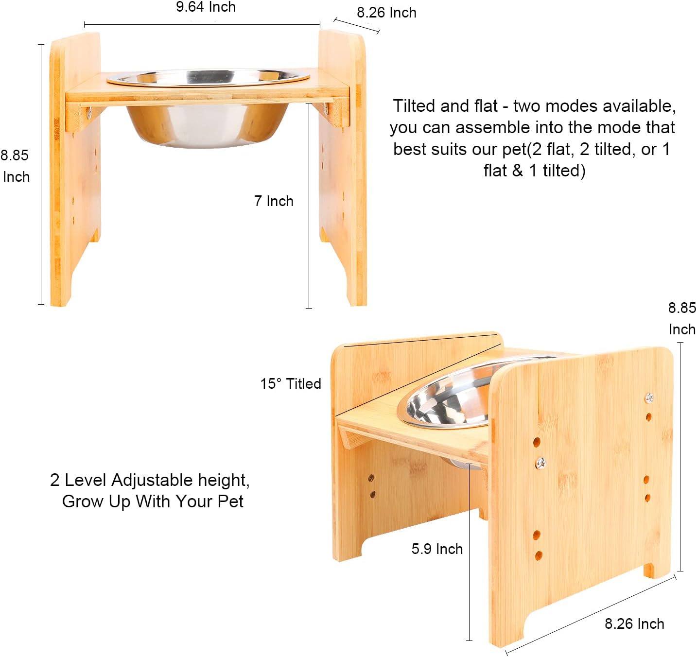 FOREYY Set of 2 Raised Pet Bowls for Cats and Small Dogs - Bamboo Tilted Single Elevated Dog Cat Food and Water Stand Feeder with 2 Stainless Steel Bowls and Anti Slip Feet for Comfort Feeding(Medium)