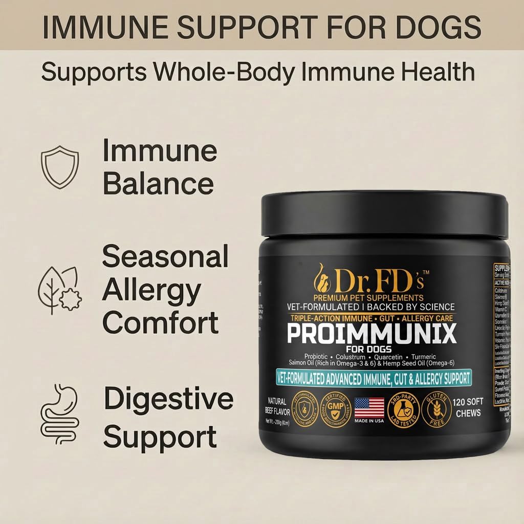 Dog Probiotics for Dogs | Immune & Allergy Support with Colostrum for Gut Health | 120 Soft Chews | Made in USA | Dr. FD’s ProImmunix
