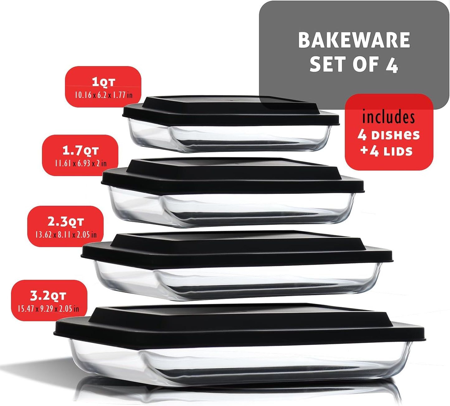 EATEX 8-Piece Deep Glass Casserole Dishes for Oven with Plastic Lids, Glass Baking Dishes for Oven, Rectangular Bakeware for Lasagna, Cooking, Leftovers, Kitchen, Freezer to Oven Dishwasher Safe