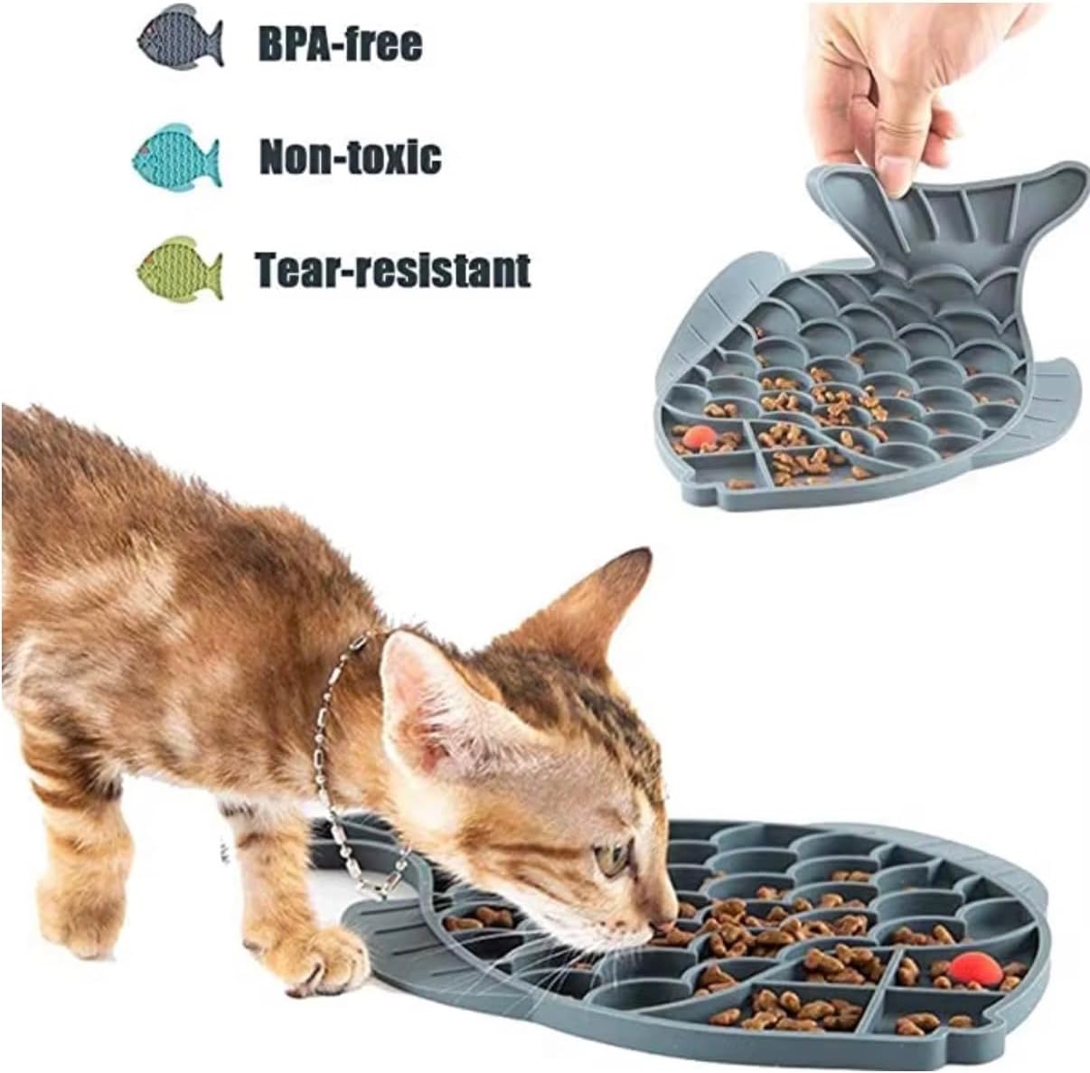 Trendy Paws Slow Feed Training Bowl, Fish Shaped Silicone Pet Feeding Plate (Blue)