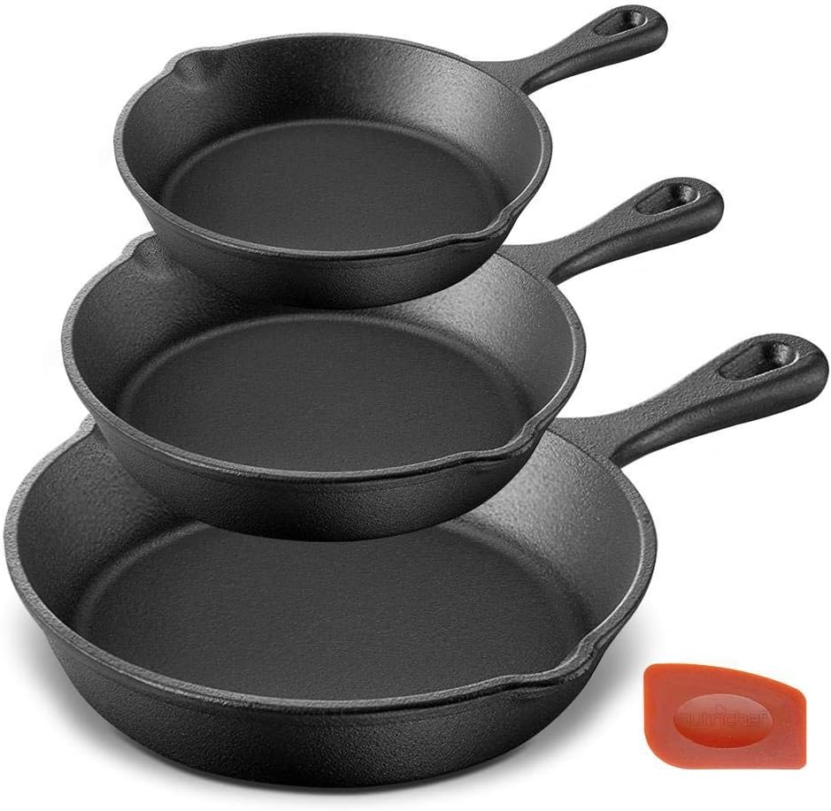 NutriChef Pre-Seasoned Cast Iron Skillets - 3 Pieces Cast Iron Cookware Set w/Drip Spout and Scraper - Compatible with Induction, Electric Stovetop, Gas, & Ceramic - NCCI76