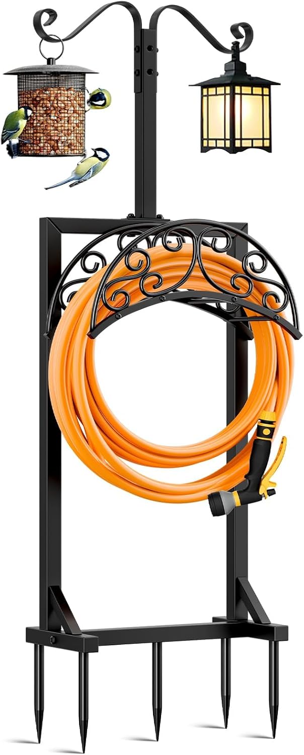 Garden Hose Holder for Outside - Upgraded Water Hose Holders with 5 Spikes & 2 Shepherds Hooks, Freestanding Hose Stand Heavy Duty Hose Hanger Hose Storage Hose Reel Rack for Outside Yard Lawn | for Outside, Upgraded, Hose Stand, Heavy Duty, Hose Hanger,