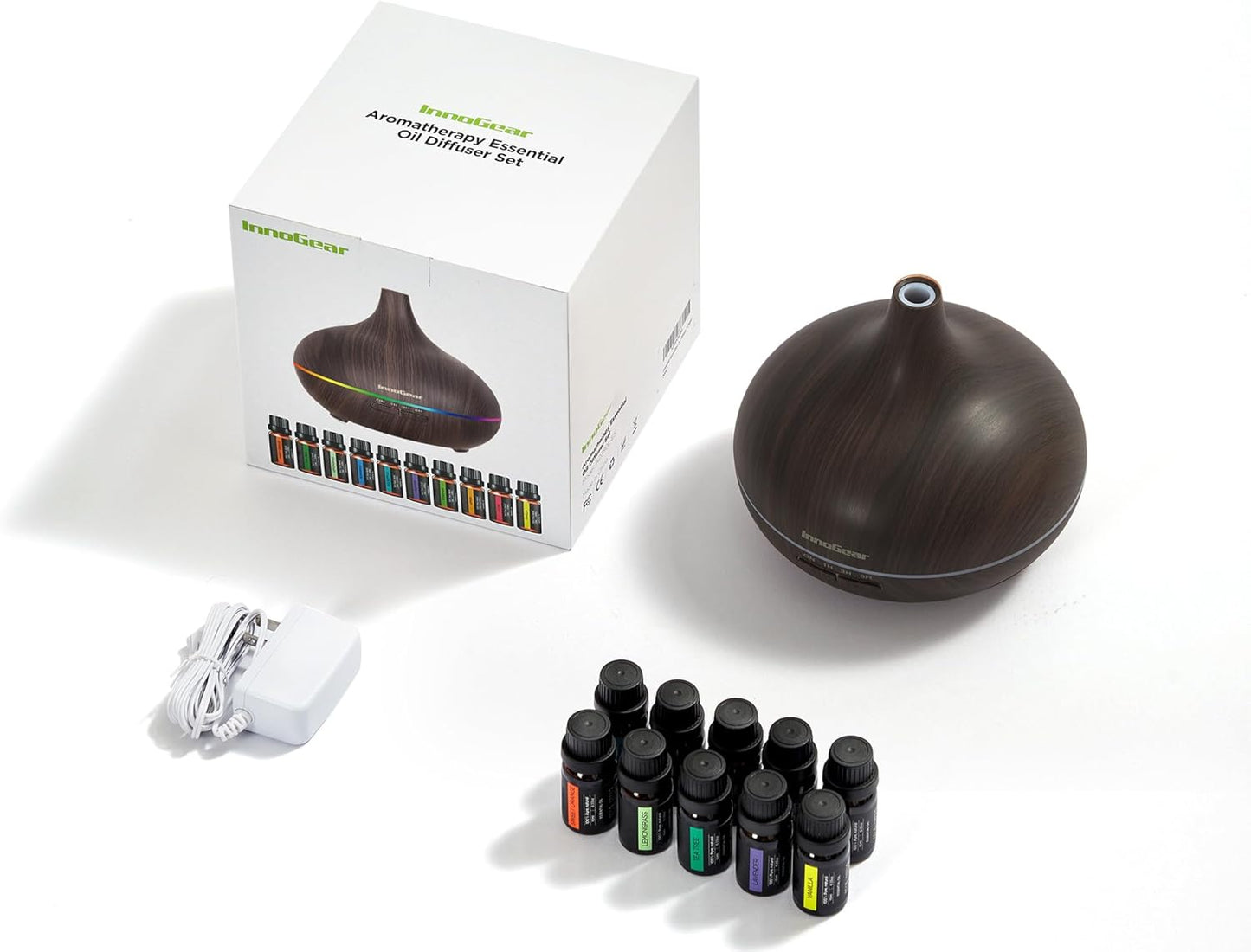 InnoGear Aromatherapy Diffuser & 10 Essential Oils Set, 400ml Diffuser Ultrasonic Diffuser Cool Mist Humidifier with 4 Timers 7 Colors Light Waterless Auto Off for Valentine's Gift, Dark Wood Grain