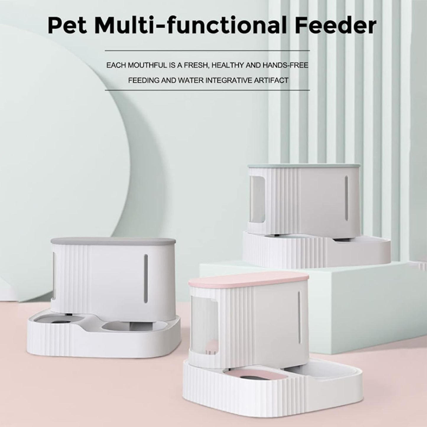 2 in 1 Automatic Gravity Cat Feeder, Dog Food and Water Dispenser Large Capacity, Cat Water Fountain for Small Medium Cats, Dogs, Puppies and Rabbits,Gray