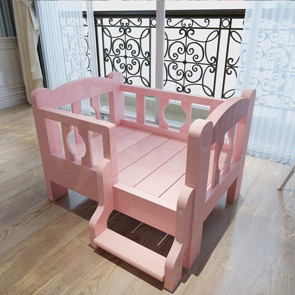Dog Bed Dog Bed Wooden Dog Cat Bed Pink Pet Bed Bed with Guardrail and Elevated Stairs Pets Lounge Steps for Large Medium Small Pets for Dogs Pet Cat (A 80×60×44cm)