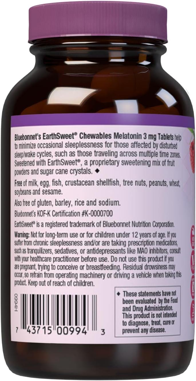 Bluebonnet Nutrition EarthSweet Melatonin 3 mg Fast-Acting Quick Dissolve Nighttime Relaxation & Restful Sleep Support - Sleep Aid - Gluten-Free, Vegan - Raspberry Flavor - 120 Chewable Tablets