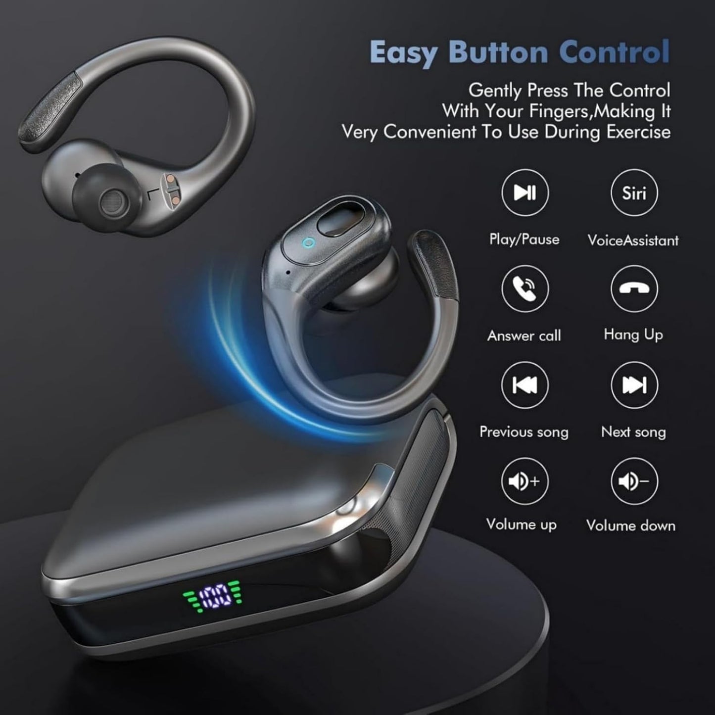 Wireless Earbuds, Sports Bluetooth Headphones, 75Hrs Playtime Ear Buds with LED Power Display, Noise Canceling Headset, IPX7 Waterproof Earphones for Workout/Running