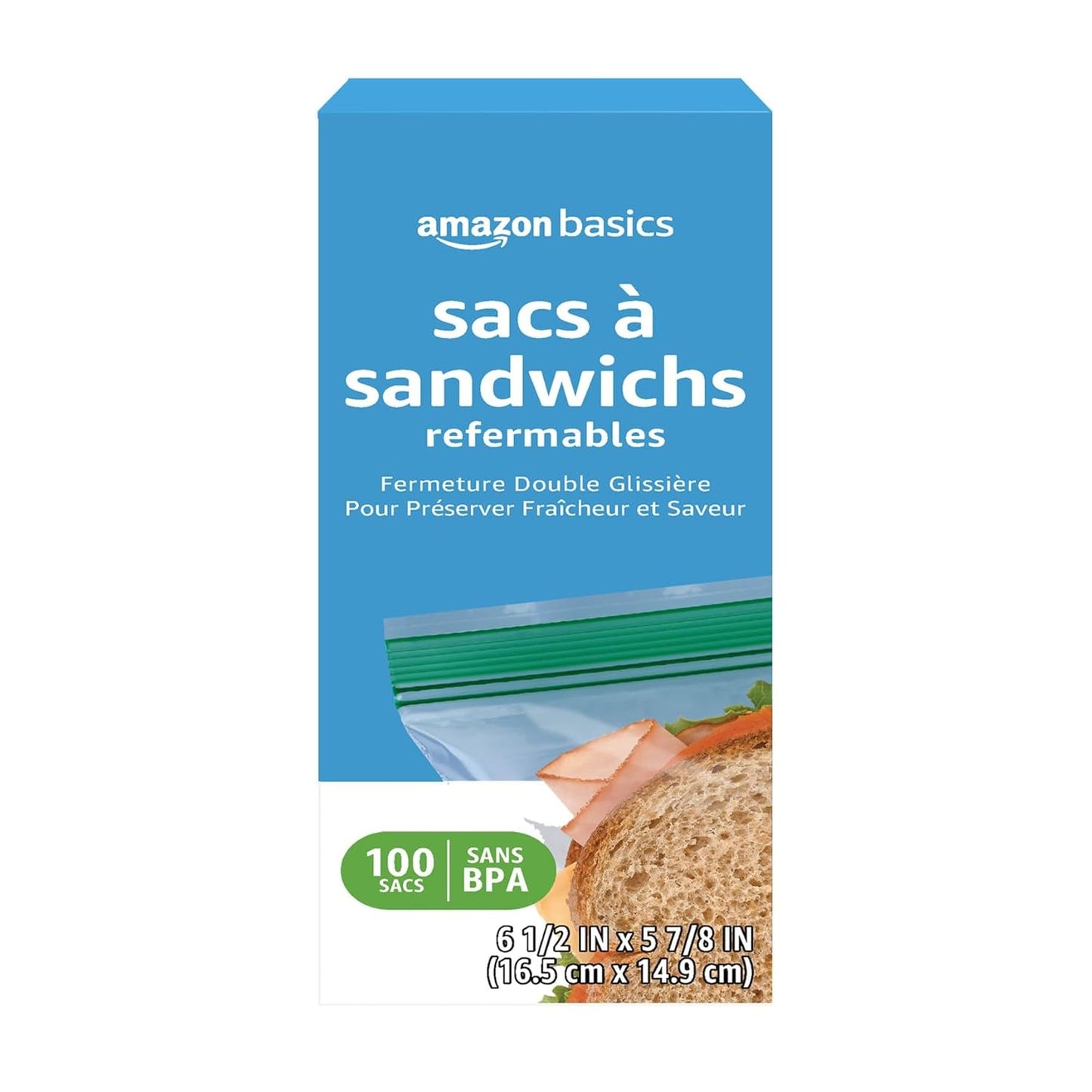 Amazon Basics Reclosable Double Zipper Sandwich Storage Bags for Food Storage, BPA Free, 100 Count