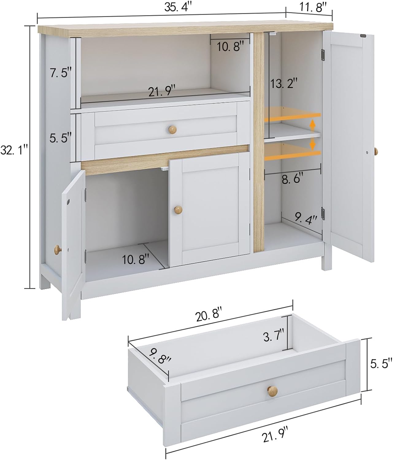 Storage Cabinet with Doors and Drawers,Kitchen Storage Cabinets，with Drawer and Adjustable Shelf（White）