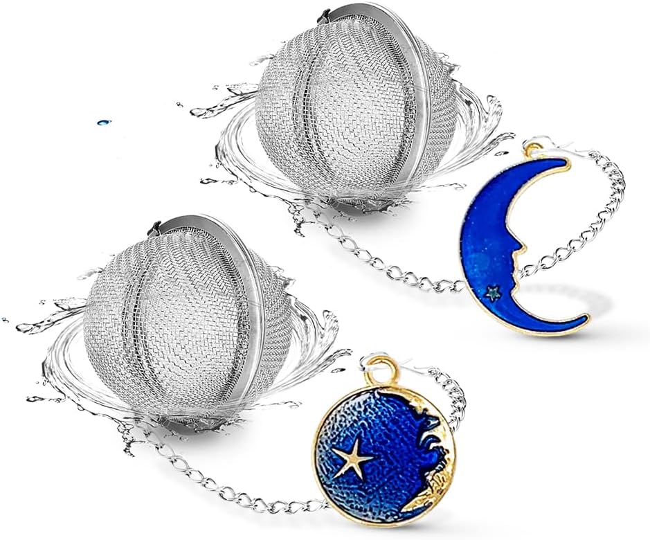 2pcs Tea Infuser, Tea Strainers for Loose Tea, Gold Plated Enamel Moon Star Celestial Charm Pendant Tea Ball Set Loose Tea Steeper Gifts for Women