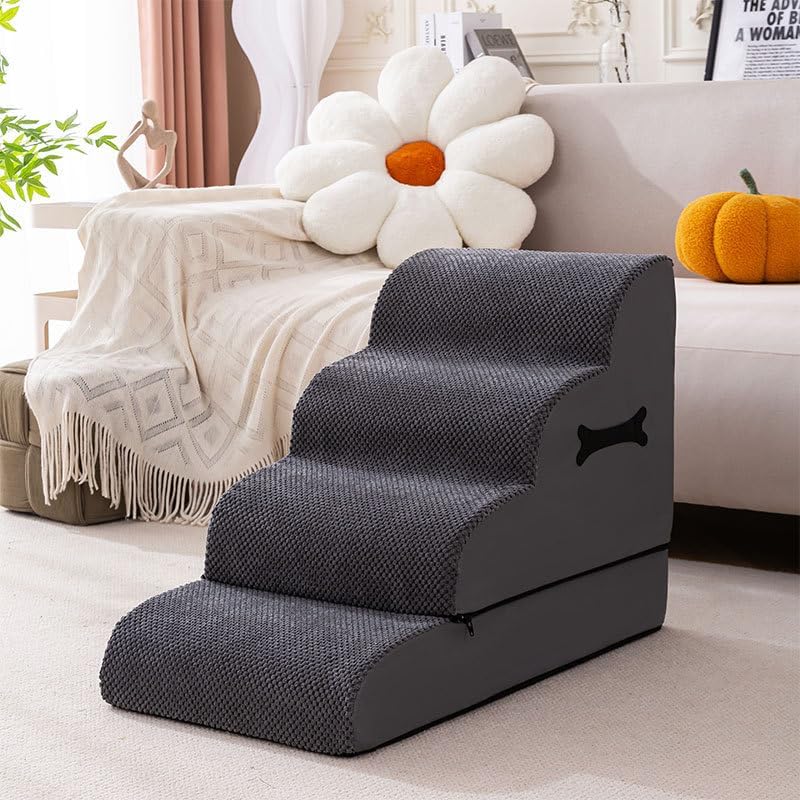ELVIAN Modern Pet Ramp & Ladder for Dogs & Cats – 71×38×52 cm Indoor Step Stool for Seniors – Portable Lightweight 4 Layers, Grey Pet Stairs for Bed, Sofa, Couch, Living Room, Dining Room & Kitchen