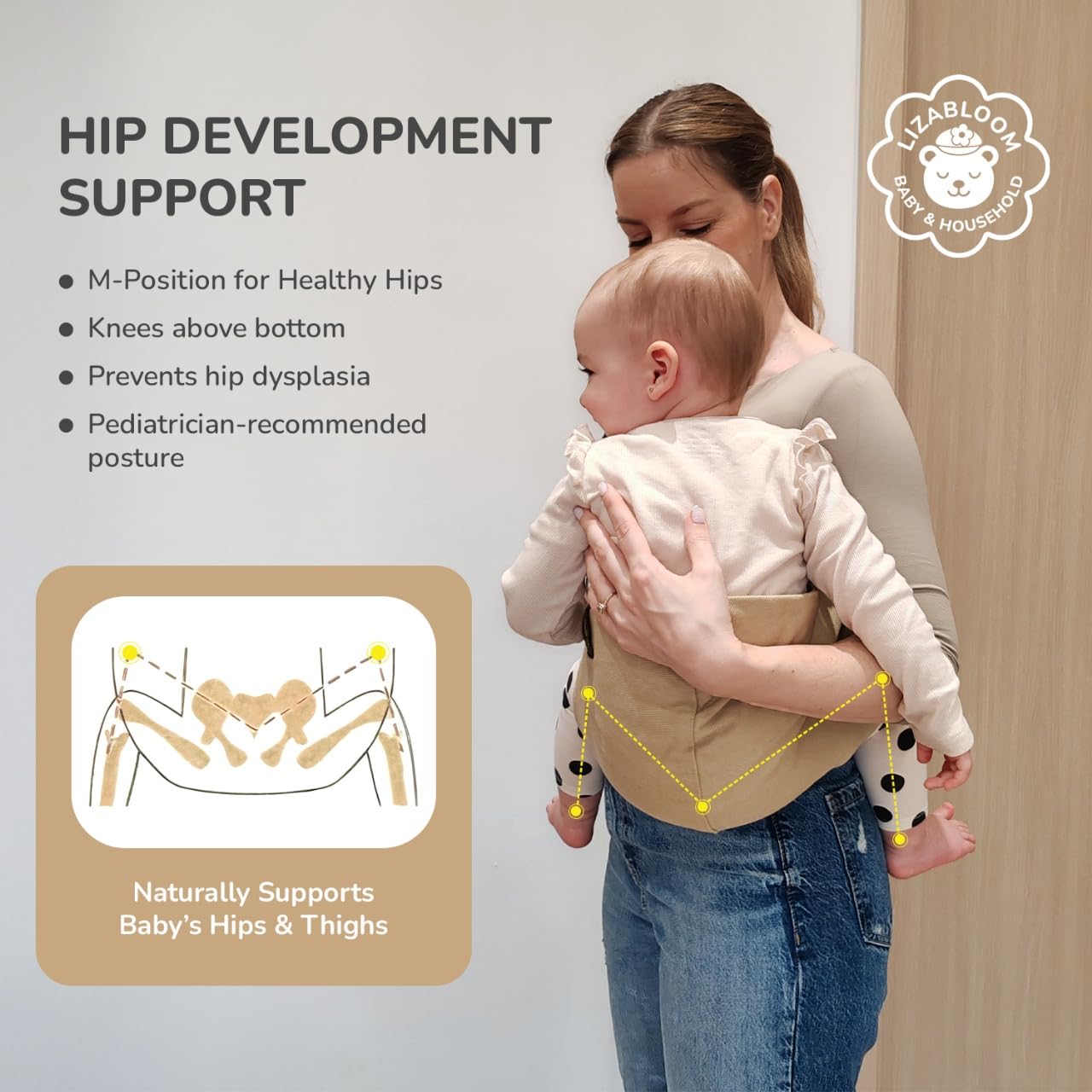 LizaBloom Baby Sling Carrier, Toddler Carrier 15–44 lbs with Adjustable Padded Shoulder Straps, Non-Slip Support, Removable Zippered Pouch, Side Sling Baby Carrier, Lightweight & Travel-Friendly
