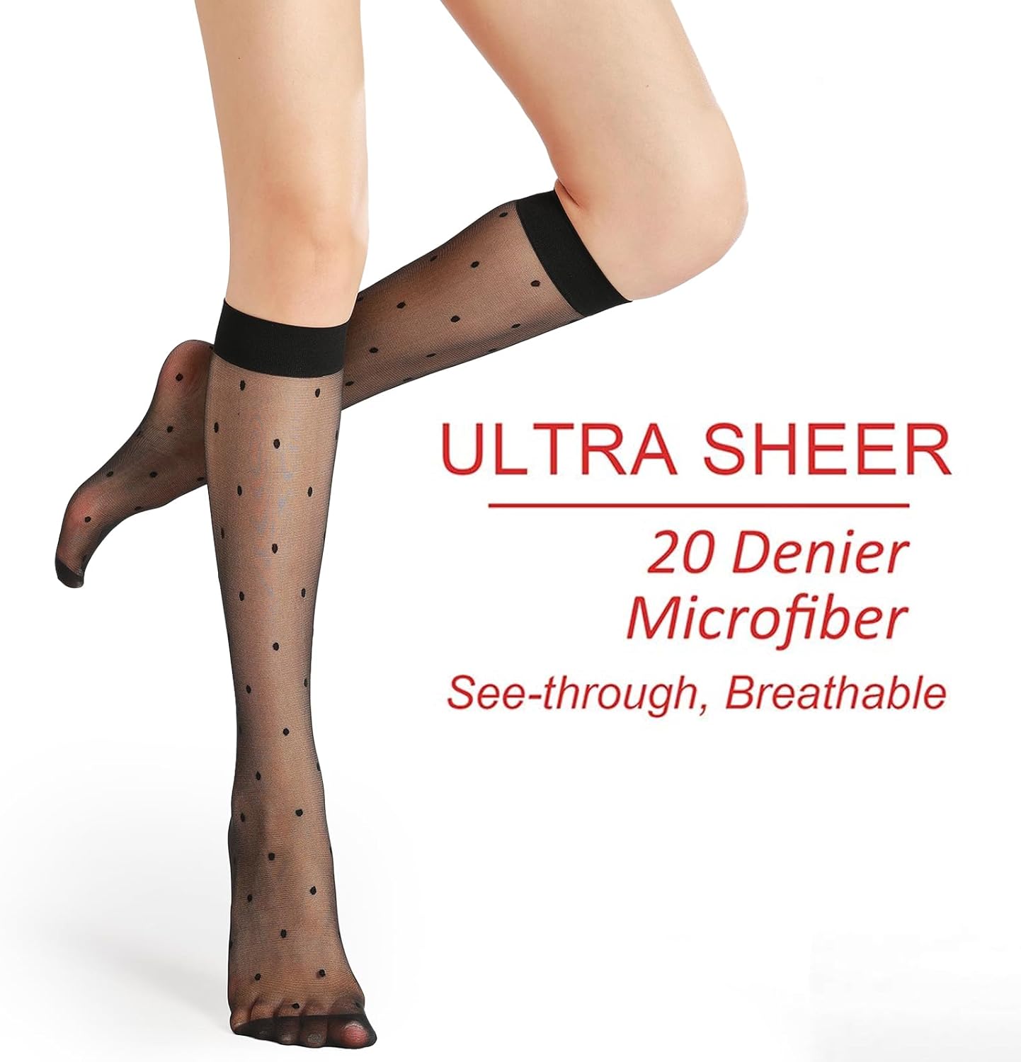 G&Y 4 Pairs Pattern Knee High Pantyhose with Reinforced Toe - 30D Nylon Stockings for Women Dot Heart Lip Patterned