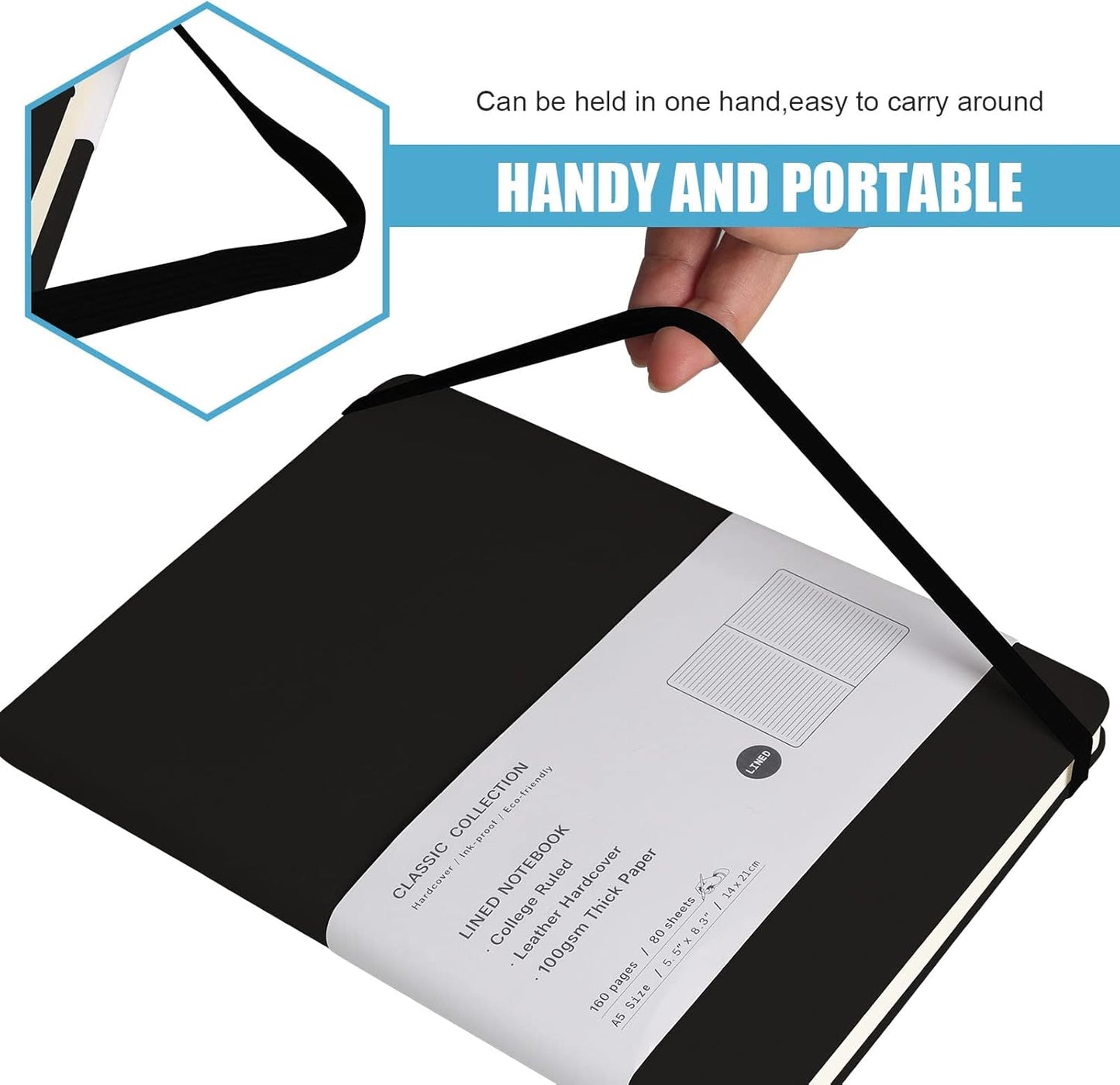 Lined Journal Notebook – Hardcover Notebook for Men & Women – Journals for Writing, Work, School, Home & Daily Notes, 160 Pages – Medium A5, 5.7"x8", 100 gsm Thick Paper (Black)