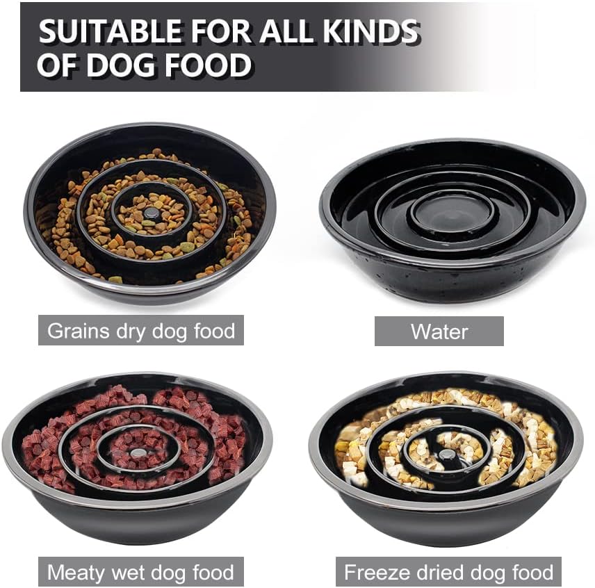 GH Ceramic Slow Feeder Dog Bowl, 3 Cups, 2 Pet Flying Discs Included - Black