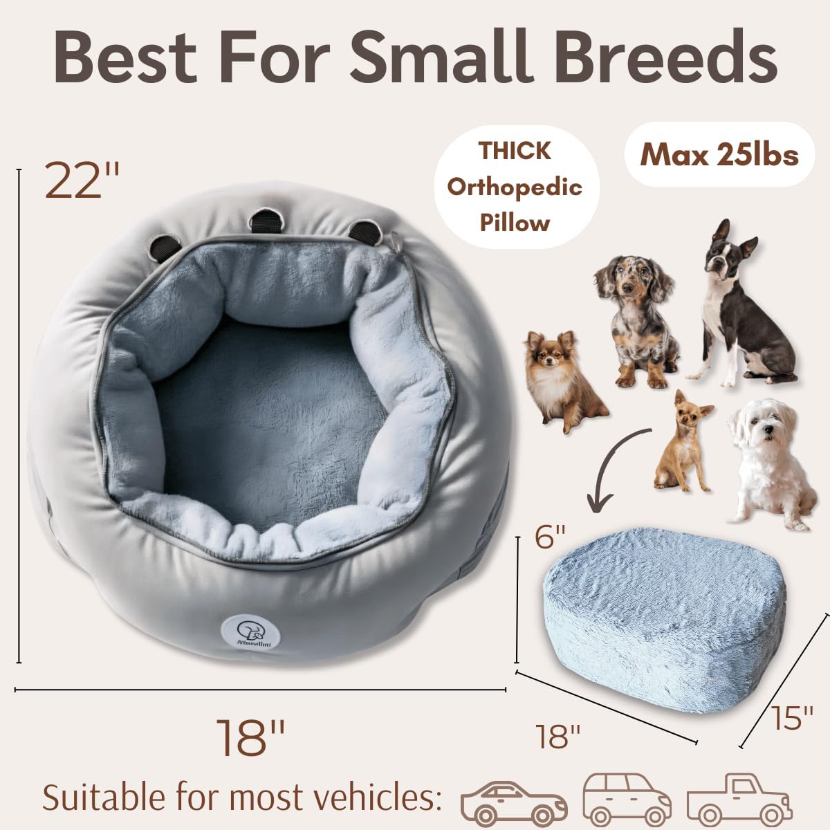 Orthopedic Dog Car Seat for Small Breeds - Original Calming Burrow Nest for Car Anxiety Relief - 6” Memory Foam Booster & Travel Bed - for Dogs Under 25lbs, Frenchie, Chihuahua