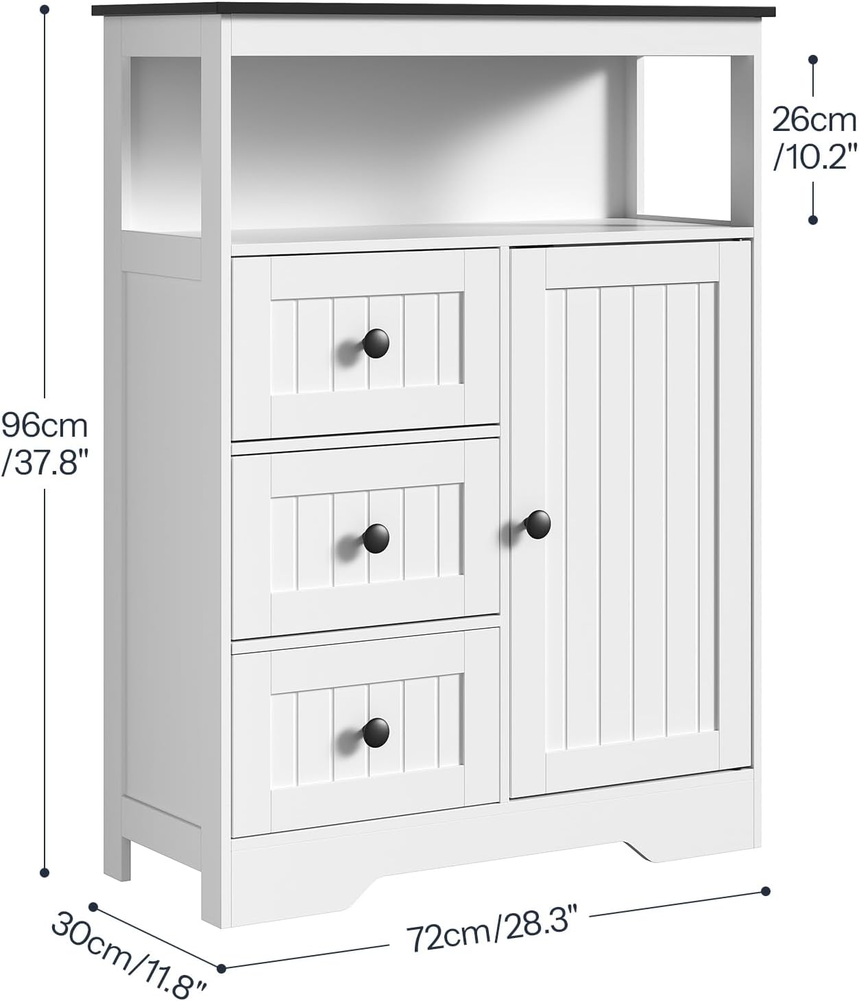 HOOBRO 28.3" Bathroom Storage Cabinet, Large Floor Cabinet, Freestanding Bathroom Storage Unit, 1 Cupboard and 3 Drawers, Adjustable Shelf, 28.3" L x 11.8" W x 37.8" H, White and Black