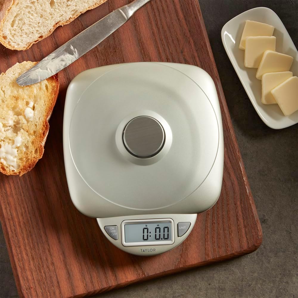 Taylor 11LB Capacity Digital Glass Top Kitchen Scale with LCD Display, Weight in Grams and Ounces for Baking, Cooking, and Meal Prep, Silver