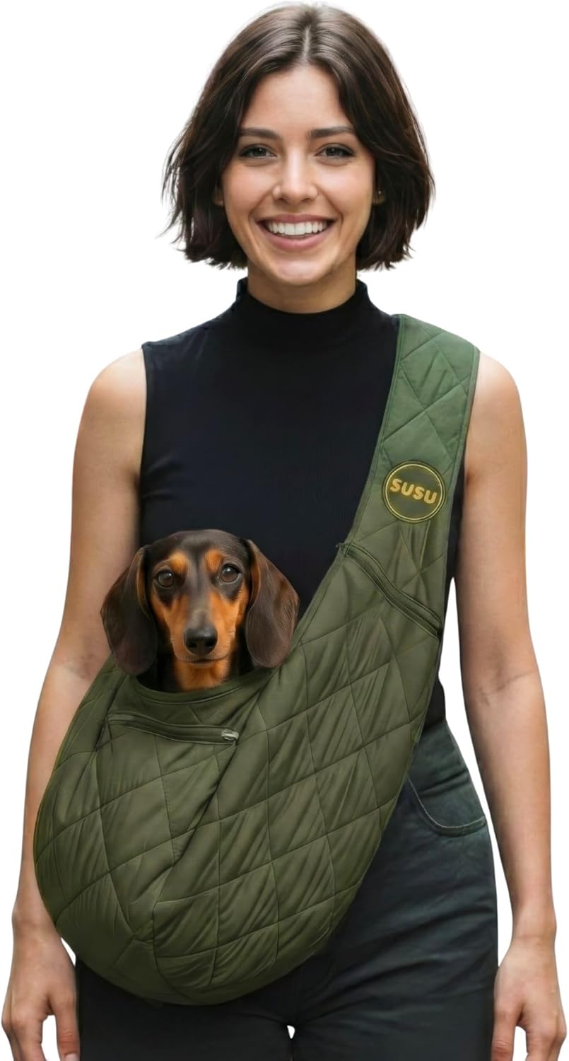 Small Dog Carrier Sling – Olive Green Hands‑Free 2‑in‑1 Sling & Handheld Carrier for Toy Dogs 3-8 lb, Parachute‑Grade Rip‑Stop Nylon, 4″ Padded Strap, Safety Tether & Two Pockets