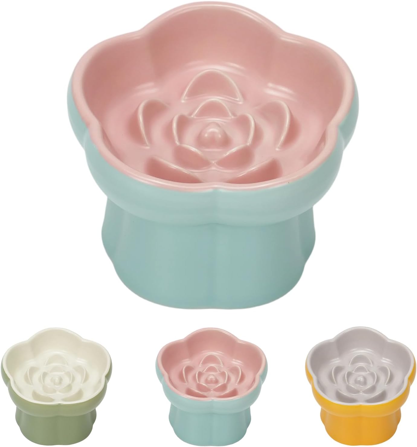 Cat Slow Feeder Flower-Shaped Ceramic Slow Feeder Cat Bowl, Tilted Raised Cat Slow Feeder Bowl for Whisker Relief, Prevents Vomiting & Bloating, Non-Slip Base
