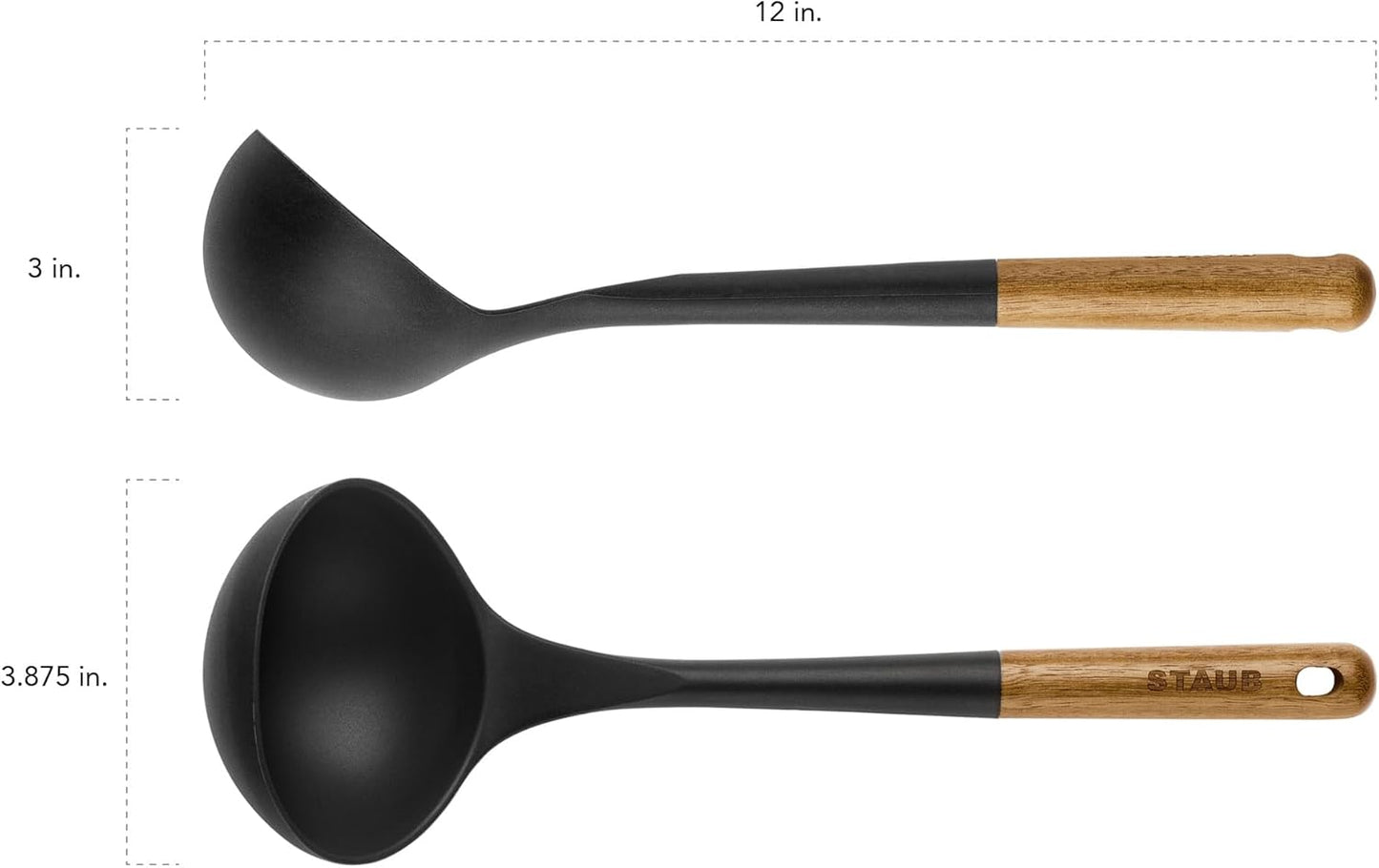 STAUB Soup Ladle, Perfect for Serving Hot Soup, Portion Batter for Pancakes, and Sauce Pasta, Durable BPA-Free Matte Black Silicone, Acacia Wood Handles, Safe for Nonstick Cooking Surfaces