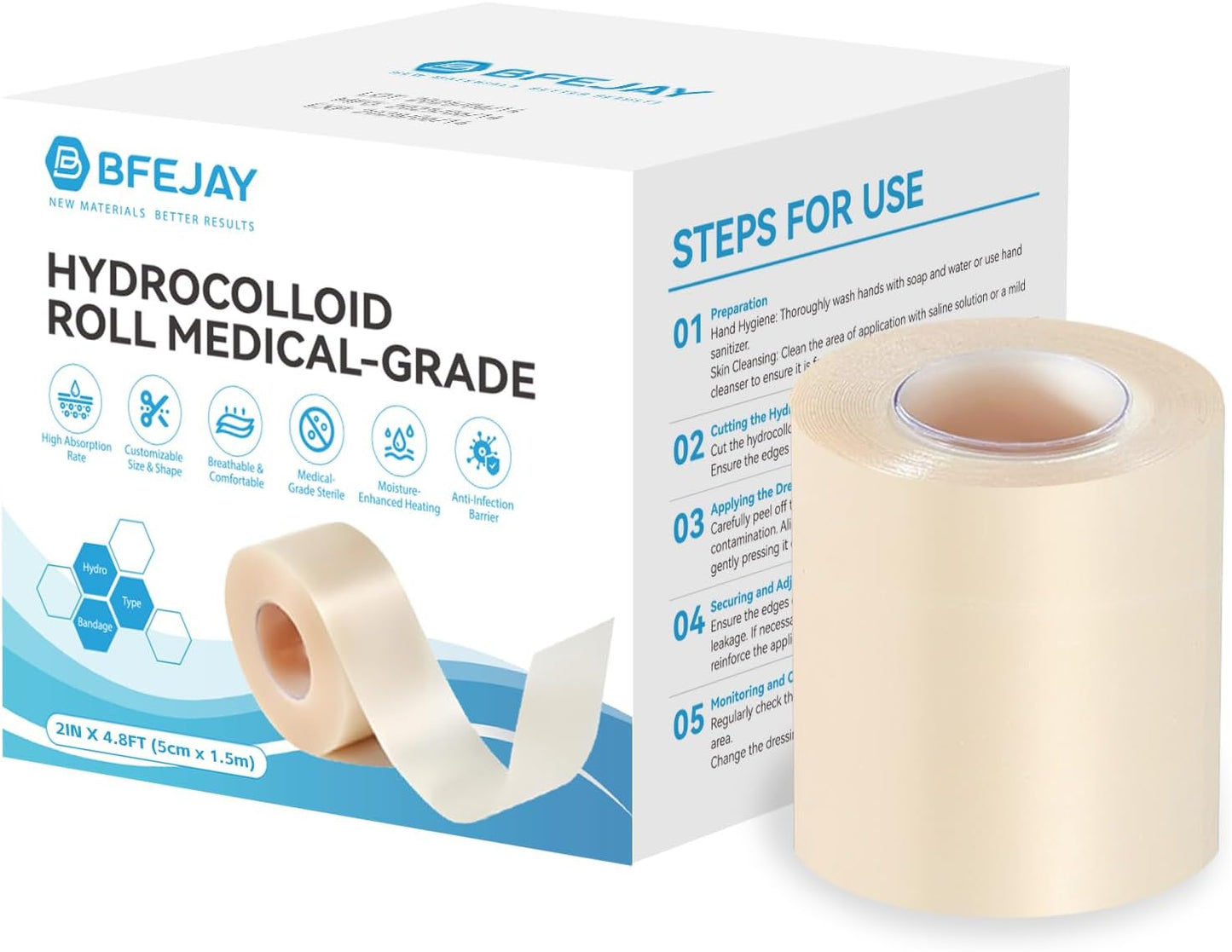 Hydrocolloid Bandages for Wound Care, Medical-Grade Hydrocolloid Roll with Self-Adhesive, Ultra Absorbent, Flexible & Waterproof, Cut-to-Size First Aid Kit Essential (2in*4.8ft)
