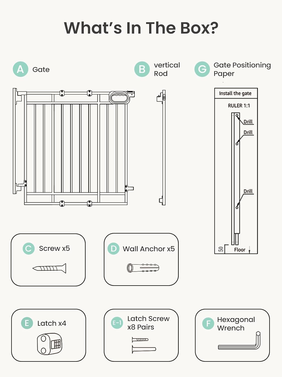 Grownsy Baby Gate for Stairs- No Bottom Bar, Adjustable Width 32” to 48” for Child and Pet, Dog Gate with Auto-Close & One-Hand Operation, Screw-in Installation for Doorways and Indoor Use