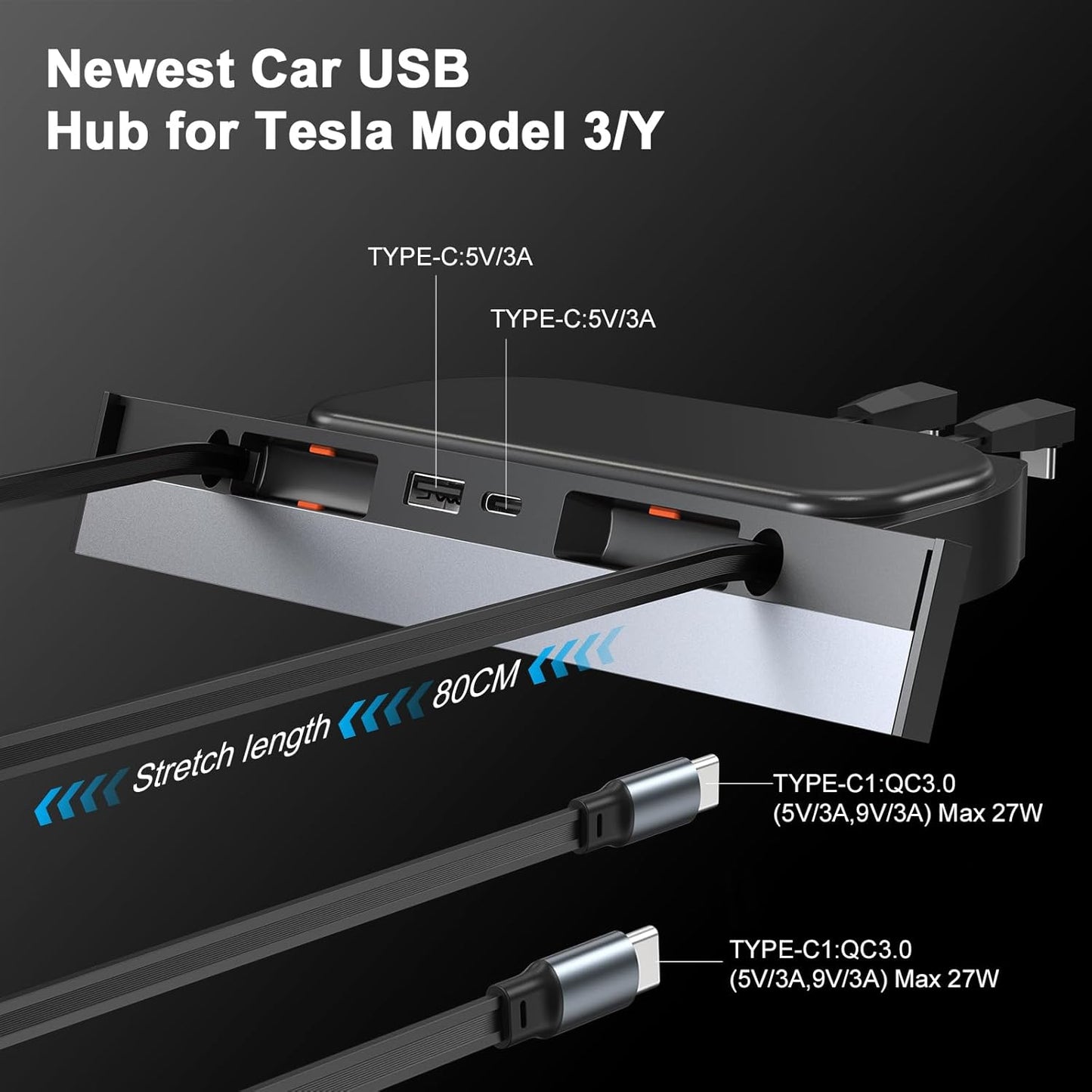 Upgrade Tesla USB Hub for Tesla Model 3&Y Waterproof - 4Ports Fast Chargr for Model Y/3 Accessories 2023 2022 2021 Retractable Docking Station, 2 Type-C Fast Charging Cables (Not Fit Model 3 2024)