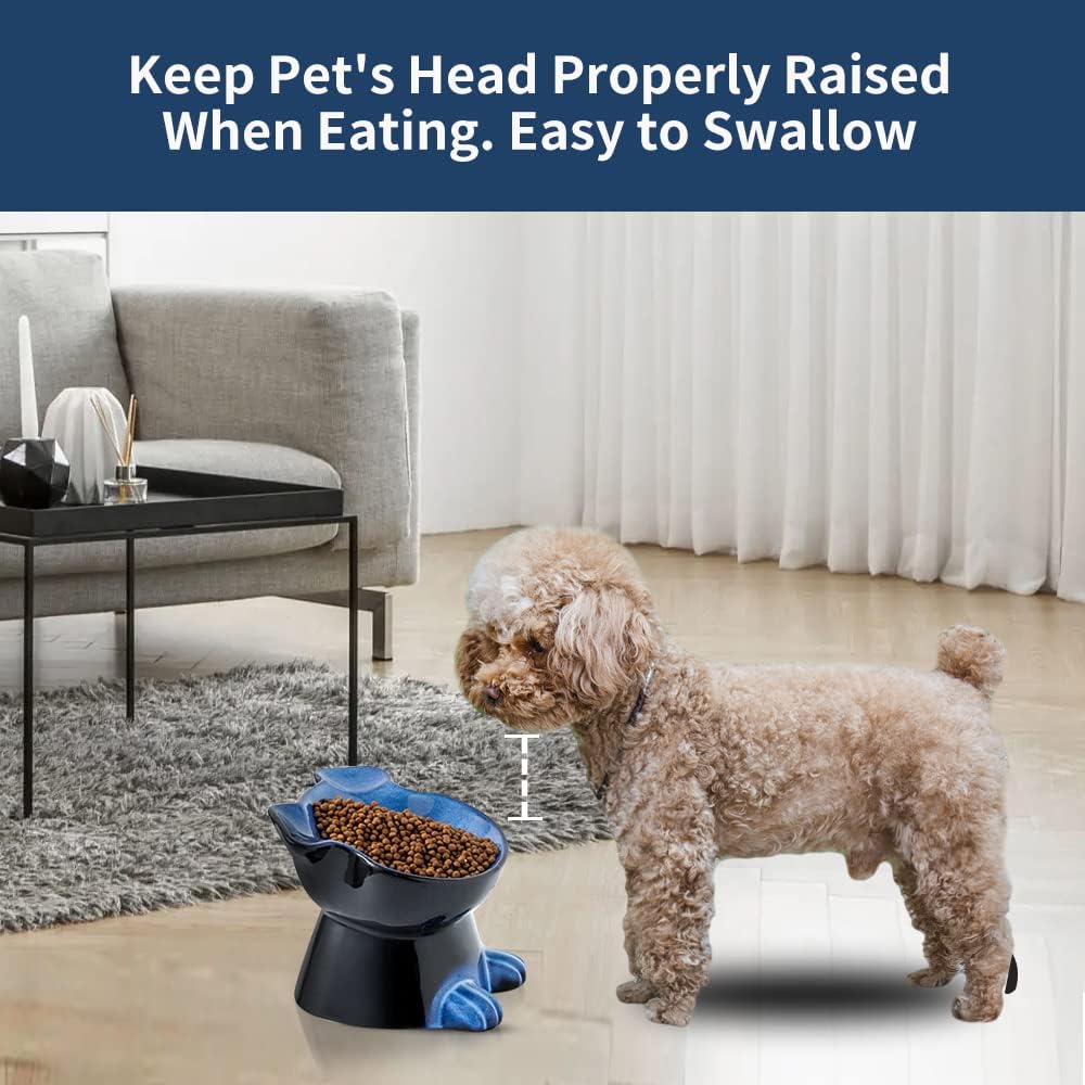 Nihow Elevated Ceramic Dog Bowls: 6.5 Inch Raised Small Dog Bowl for Food & Water - Food Safe Bowl for Medium/Small Size Dogs - Vivid Blue Puppy Bowls for Protecting Pet's Spine (1 PC)