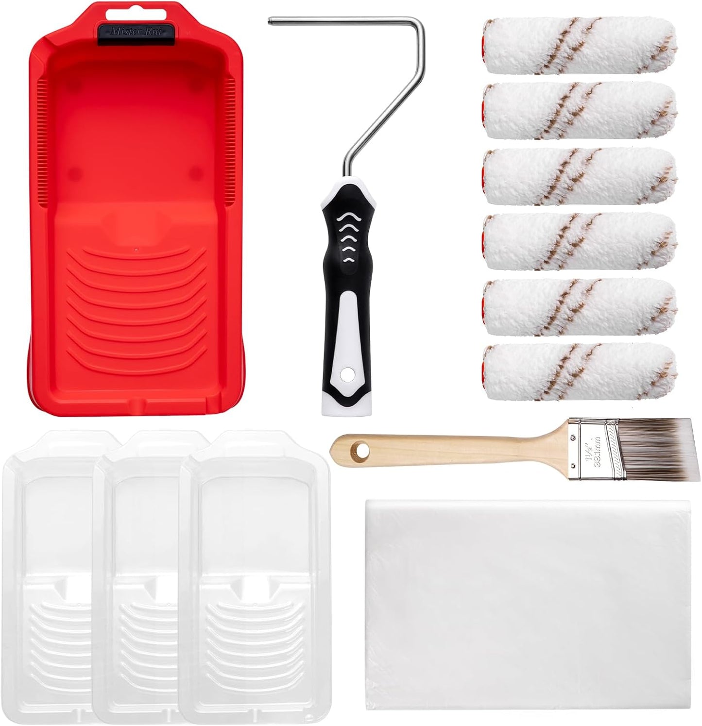Mister Rui Mini Paint Roller Kit-13 Piece, 4-Inch Microfiber Paint Rollers with Ergonomic Handle, Small Roller Paint Brush, Paint Tray with 3 Liners, Perfect for House Painting, Trim, and Touch-Ups