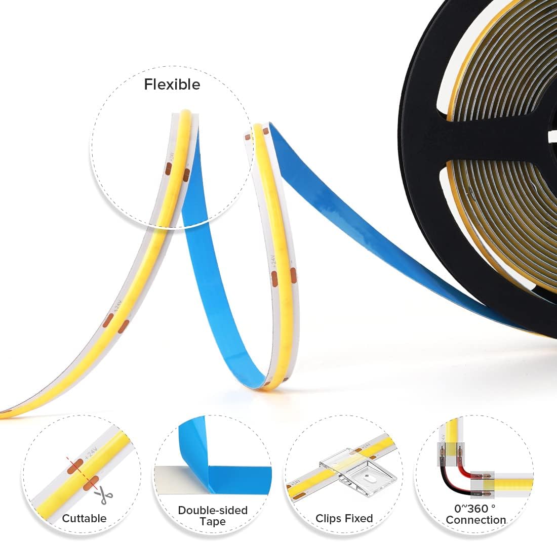 BTF-LIGHTING FCOB COB LED Strip Flexible High Density Uniform Light 9W/m 16.4FT DC12V Natural White 4000K CRI 90+ 8mm Width Dimmable LED Ribbon for Indoor Decor(No Adapter or Controller)